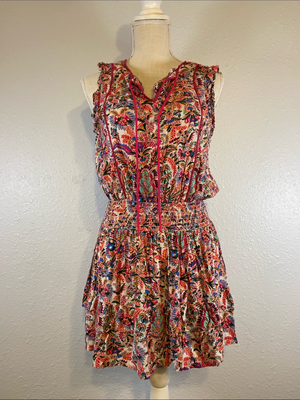 Natural Life Boho Cottagecore Indie Lyla Paisley Print Smocked Mini Dress Size S